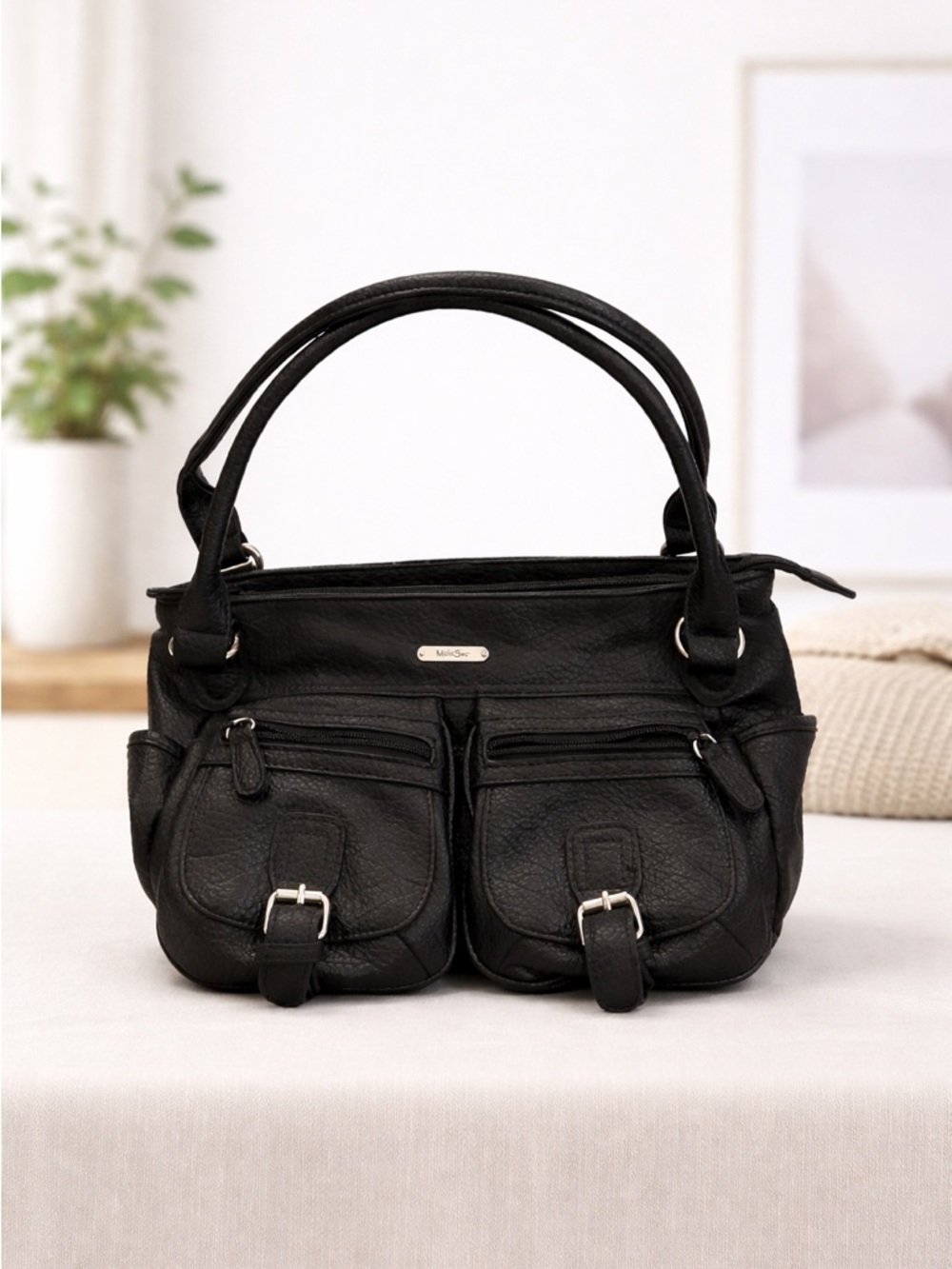 MultiSac Black Pebbled Leather Shoulder Bag Multi Pocket Organizer Purse